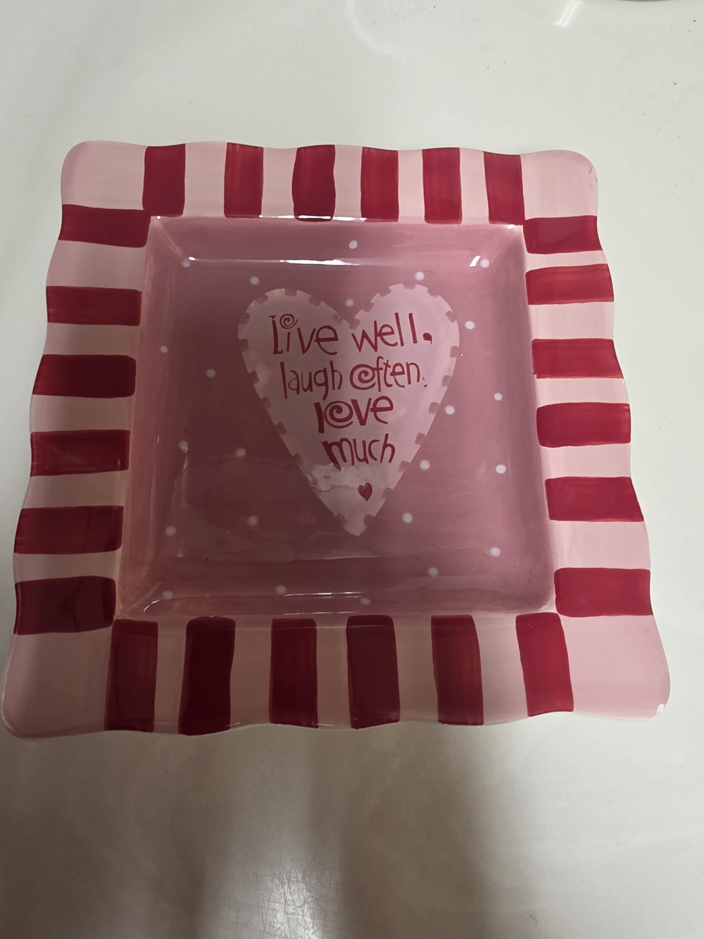 Pink Heart Stripe Decorative Serving Bowl - Live Well Laugh Often Love Much